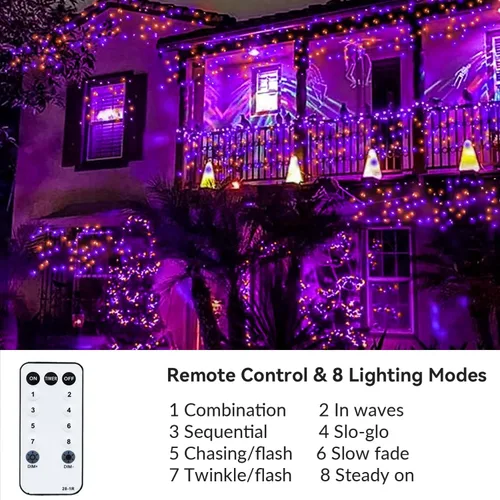Vista 5 de Tira de luces de Halloween moradas y naranjas, 800 LED, 330 pies, 8 modos, temporizador, impermeable, para enchufar, para interiores y exteriores
