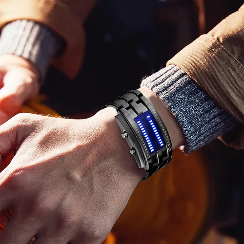 Vista 3 de Binary Matrix Blue led - Reloj Digital para hombre, moda clásica y creativa, color negro chapado