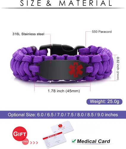 Vista 30 de Pulsera de alerta médica Paracord para hombres y mujeres Pulsera de identificación médica de acero inoxidable con hebillas de liberación lateral