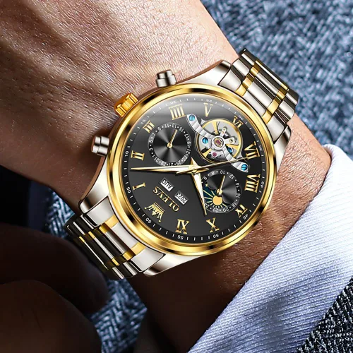 Vista 4 de OLEVS Relojes automáticos para hombre, esqueleto Tourbillon, reloj de pulsera de lujo con diamantes de cuerda automática, acero inoxidable