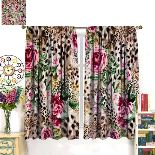 Vista 4 de Cortinas de leopardo con estampado de flores de guepardo y rosas de África, con bolsillo para cortinero, para dormitorio, sala de estar, decoración