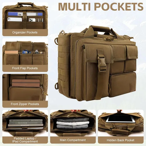 Vista 4 de GES Maletín táctico, 15.6 pulgadas para hombre, maletín militar para hombres, caqui
