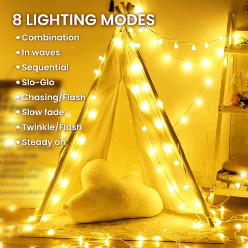 Vista 3 de Dailyart Guirnalda de luces tipo globo, 100 luces LED de 59 pies, impermeables, con enchufe, 8 modos con control remoto, brillo ajustable