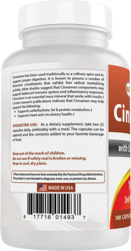 Vista 7 de Best Naturals Canela 2000 mg Equivalente con Cromo 400 mcg por porción - Apoyo al metabolismo - 180 Cápsulas