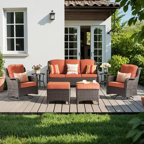 Vista 10 de Juego de muebles de exterior para patio, silla y sofá (ratán marrón, beige, 3 piezas)