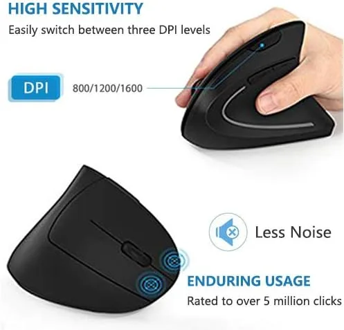 Vista 5 de Acedada Mouse ergonómico, mouse inalámbrico vertical, mouse Ergo óptico recargable, 80012001600 DPI, 5 botones para laptop, escritorio, PC, MacBook