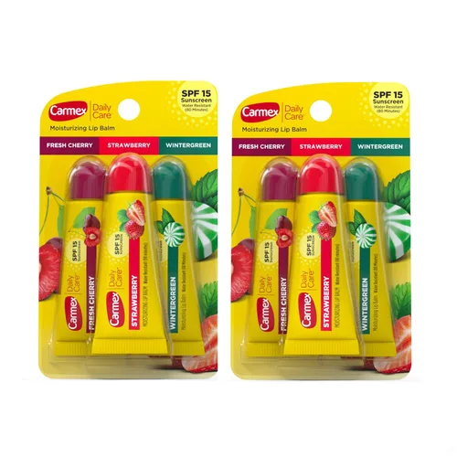 Vista 12 de Carmex Daily Care - Paquete de bálsamo labial hidratante, bálsamo labial con protector solar en cereza fresca, fresa y gaulteria, 0.35 onzas