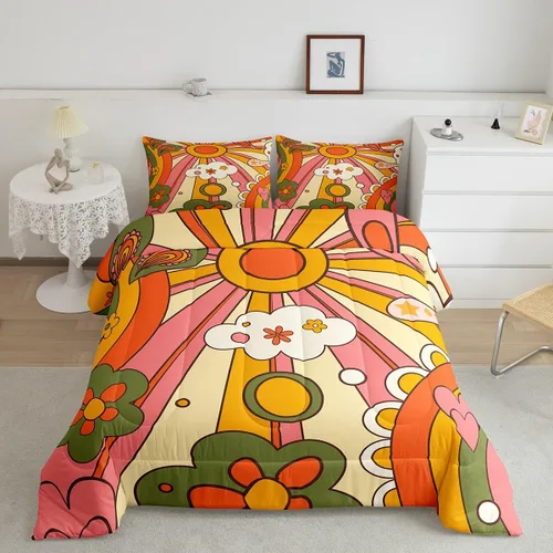 Vista 25 de Juego de ropa de cama con estampado floral bohemio, tamaño individual, diseño retro de flores groovy, 60S y 70S, juego de edredón de flores hippie