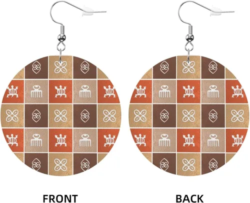 Vista 3 de Aretes redondos de cuero, patrón étnico africano con símbolos Adinkra de piel sintética, aretes colgantes para mujeres y niñas, Cuero sintético, No
