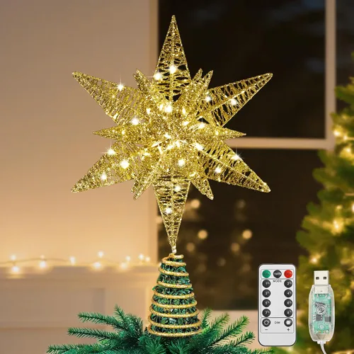 Vista 13 de Lewondr - Estrella para punta de árbol de Navidad, alimentación USB, control remoto, diseño hexagonal multicapa de 11 pulgadas, 8 modos de luz