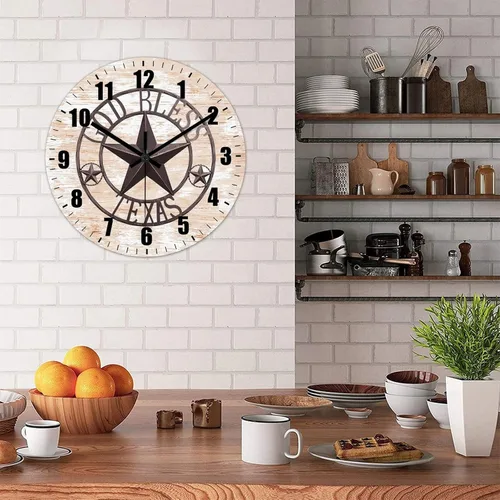 Vista 4 de Reloj de pared antiguo con estrella del oeste de Texas vintage, reloj de madera sin tictac, silencioso, funciona con pilas, fácil de leer, elegante