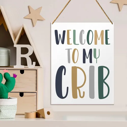 Vista 4 de QVUXZ Letrero decorativo de madera, con texto en inglés "Welcome to My Crib", decoración para habitación de niños, habitación de juegos, tamaño 7.87