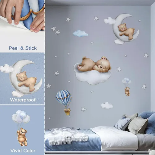 Vista 7 de Calcomanías de pared de oso lindo durmiendo en la luna de nubes, calcomanías de pared de oso bebé, calcomanías de pared removibles de hadas, mural