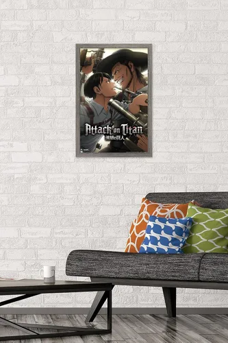 Vista 2 de Attack on Titan: Season 3 - Póster de pared de estancamiento, 22.4 pulgadas de largo x 14.7 pulgadas, versión enmarcada en madera de granero
