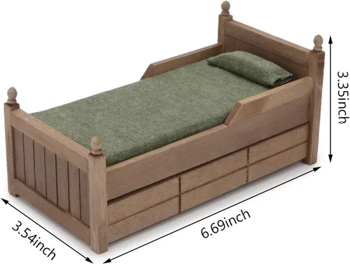 Vista 8 de Cama en miniatura de casa de muñecas con cajón 1:12, muebles de madera europeos para dormitorio, accesorios de ropa de cama con almohada