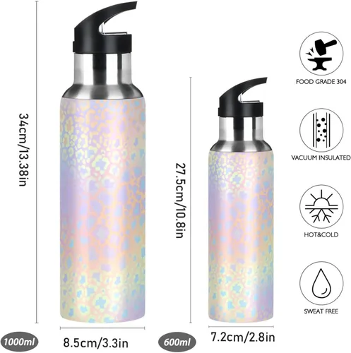 Vista 2 de ALAZA Botella de agua con estampado de leopardo y arco iris con tapa de pajilla, aislamiento al vacío, botella térmica de acero inoxidable de 20