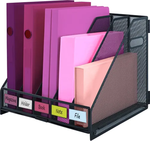 Vista 9 de Organizadores de escritorio, soporte para archivos de revistas de metal con 2 compartimentos verticales, organizador de archivos con encuadernador