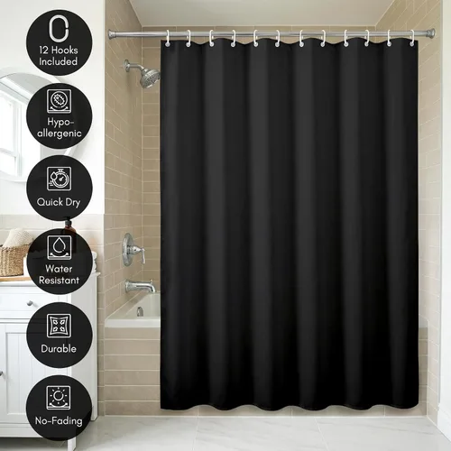 Vista 4 de Americanflat 71x74 Cortina de Ducha Sólida Negra - Cortina de Ducha Larga Resistente al Agua con Ojales de Metal Duraderos y 12 Ganchos - 100%