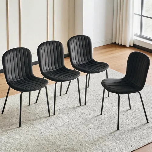 Vista 8 de Juego de 4 sillas de comedor de terciopelo, sillas de cocina modernas con patas de metal para sala, dormitorio, comedor, sillas negras para comedor
