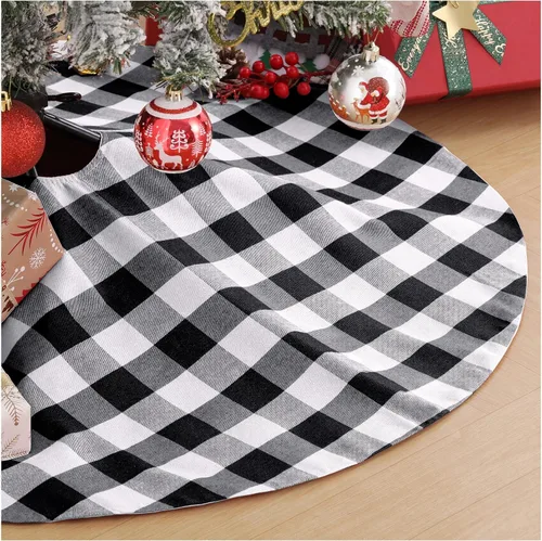 Vista 8 de SoarDream Faldas de árbol a cuadros de Navidad pequeñas de 24 pulgadas, falda de árbol a cuadros de búfalo rojo y negro para Navidad, fiesta de Año