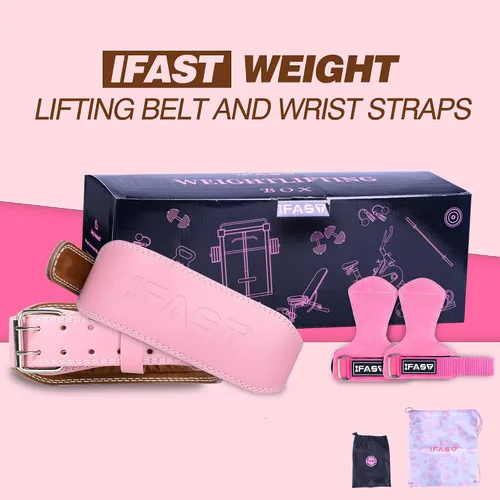 Vista 2 de IFAST Cinturón de levantamiento de pesas y correas de muñeca, cinturón de levantamiento de pesas para mujer con cinturón de soporte lumbar acolchado