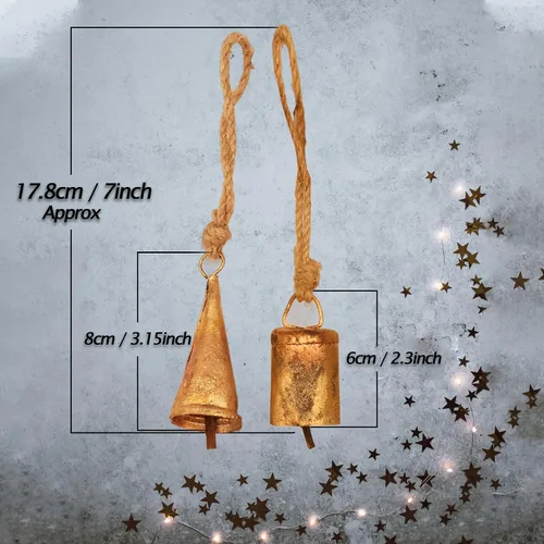 Vista 2 de Juego de 10 cascabeles y campanas de vaca doradas rústicas para manualidades, juego de cencerros pequeños vintage de 3.15 pulgadas con cuerda de Oro