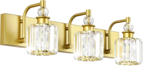 Vista 21 de Ralbay - Luces de tocador de cristal, 2 luces, modernas lámparas de cromo de cristal para iluminación de baño, para usar sobre el espejo