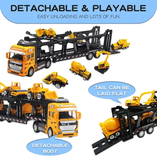 Vista 4 de OTONOPI Camión de transporte de automóviles, construcción de autos fundidos a presión, juego de vehículos de juego, camión portador con minicúa