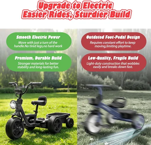 Vista 8 de Triciclo eléctrico de 12 V para niños, bicicleta para niños pequeños con estructura triangular estable, asiento ajustable, ruedas anchas de EVA Negro