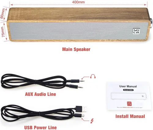 Vista 6 de MICA - Altavoces para computadora, barra de sonido vintage con cable, mini barra de sonido de madera retro, altavoces de PC alimentados por USB
