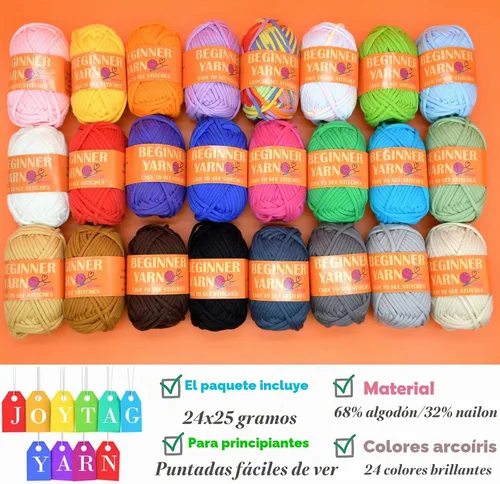 Vista 3 de 24 Pack de Hilo de Ganchillo para Principiantes Azul Rosa Púrpura Marrón Arcoíris de Algodón para Tejer y Ganchillo con Puntos Fáciles de Ver Kit