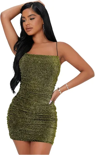 Vista 22 de Floerns Vestido Mini de Mujer con Brillo, Sin Mangas, Fruncido, para Fiesta y Discoteca, Estilo Bodycon Negro