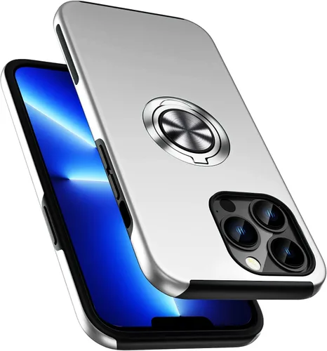 Vista 14 de Funda a prueba de golpes para iPhone 13 de 6.1 pulgadas, [anillo de dedo integrado] funda de teléfono de grado militar con soporte de metal Negro