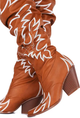 Vista 4 de Cape Robbin - Botas vaqueras para mujer Kelsey-21 botas vaqueras occidentales sobre la rodilla con tacones gruesos en bloque botas de vestir de moda