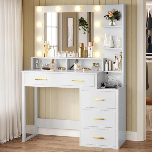 Vista 6 de Tiptiper - Tocador de maquillaje blanco con 10 bombillas, mesa de tocador moderna con espejo y 3 modos de iluminación, mesa de maquillaje con 2