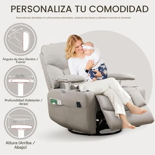 Vista 3 de SUNWAVE Power Nursery Rocking Chair with Adjust Armrest & Smart Cup Holder Gris