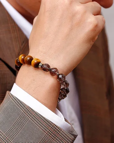 Vista 5 de Jeeless - Pulseras de cuarzo ahumado natural con ojo de tigre amarillo para hombres y mujeres amuleto de energía curativa cristales traer riqueza