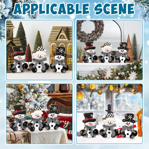 Vista 7 de 3 piezas de centros de mesa de Navidad en madera, decoración rústica de muñeco de nieve para mesa, señales de mesa de Navidad, bloques de decoración