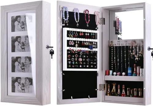 Vista 5 de Gt2-ly diseño simple PVC revestimiento de grano de madera foto almacenamiento joyería espejo gabinete, adecuado para dormitorio y sala de estar