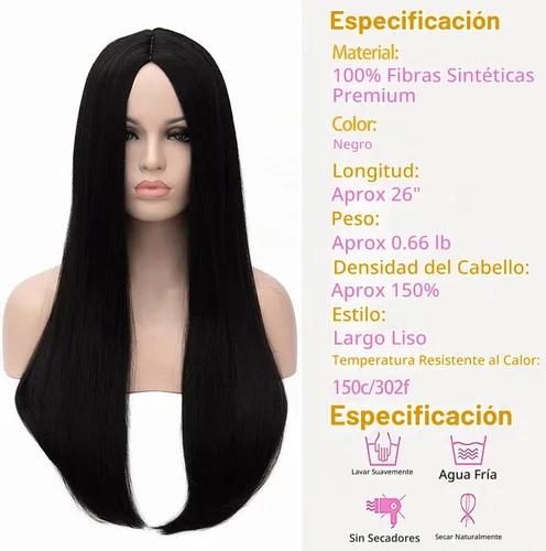Vista 4 de Kalyss Peluca larga recta importada resistente al calor, de yaki sintético. Peluca de pelo para Cosplay.
