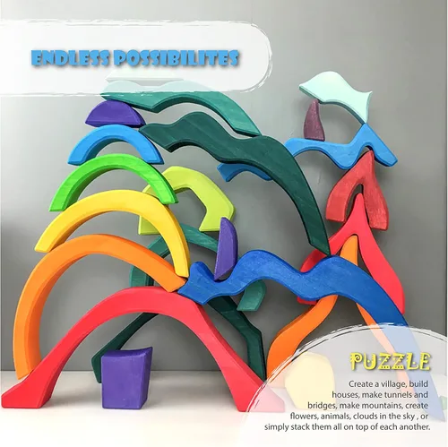 Vista 4 de Bloques de arco iris XL de cuatro elementos, juguetes de madera para niños, rompecabezas de construcción geométrico, juego educativo de volcán/casa
