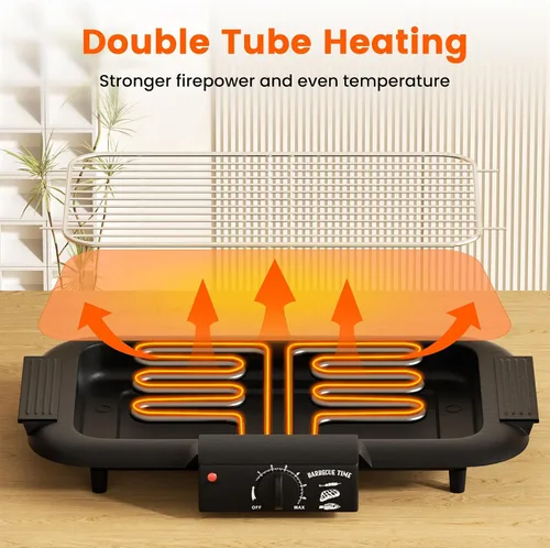 Vista 4 de Parrilla eléctrica para barbacoa, sin humo, antiadherente para interiores y exteriores, 2000 W, doble tubo de alta potencia, portátil, extraíble
