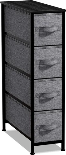 Vista 26 de Sorbus Cómoda estrecha con 4 cajones - cómoda de almacenamiento vertical delgada con marco de acero, parte superior de madera y contenedores de tela