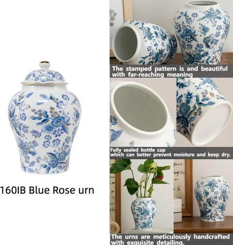 Vista 3 de Urna de rosa azul para cenizas para adultos, de 10 pulgadas, 160 libras, de cerámica, decorativa, conmemorativa, grande, capacidad de 160 pulgadas