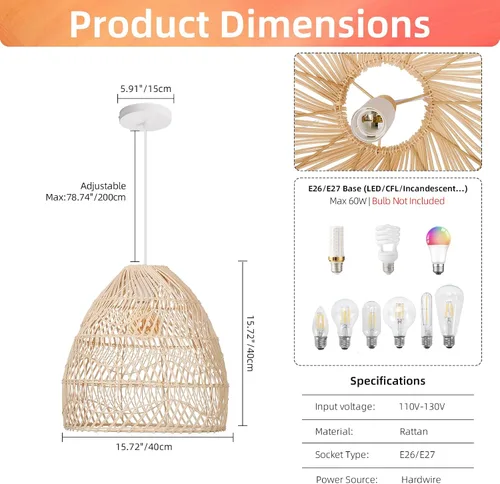 Vista 5 de Arturesthome Lámpara colgante de ratán, lámpara de mimbre estilo bohemio, cesta de techo, lámpara colgante grande de tejido natural para fregadero