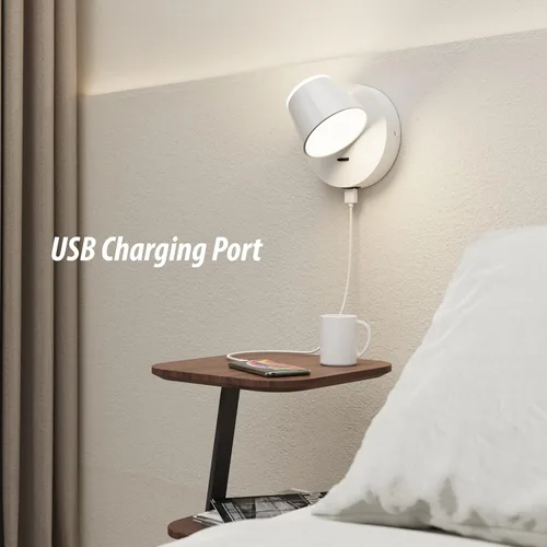 Vista 5 de URSOLA Aplique de pared LED con interruptor de encendido/apagado, puerto de carga USB, lámpara de pared cableada de 110 voltios, apliques giratorios