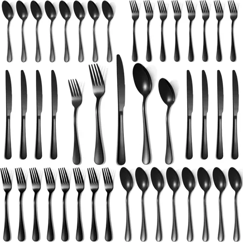 Vista 11 de Juego de cubiertos negros de 20 piezas para 4, juego de cubiertos de acero inoxidable de grado alimenticio, incluye tenedor/cuchillo/cuchara, juego
