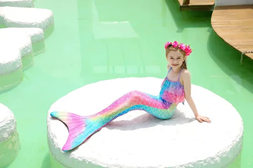 Vista 2 de DNFUN Colas de sirena para nadar para niñas, bikini de princesa, cola de sirena, traje de baño para niñas