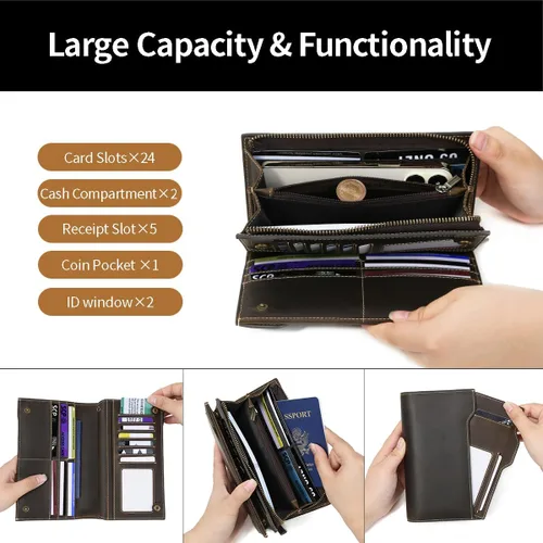 Vista 8 de Cartera de cuero de grano completo con bloqueo RFID para hombres con ranuras para tarjetas, bolsillo para monedas, ventana de identificación