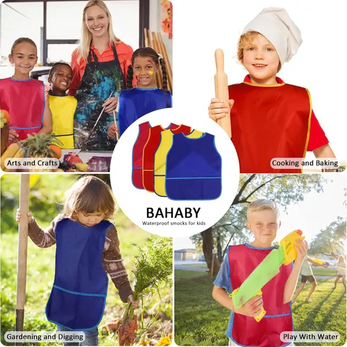 Vista 7 de 4 delantales de pintura para niños, delantales impermeables con 3 bolsillos, para niños de 3 a 8 años, 4 colores 4 colores (velcro)